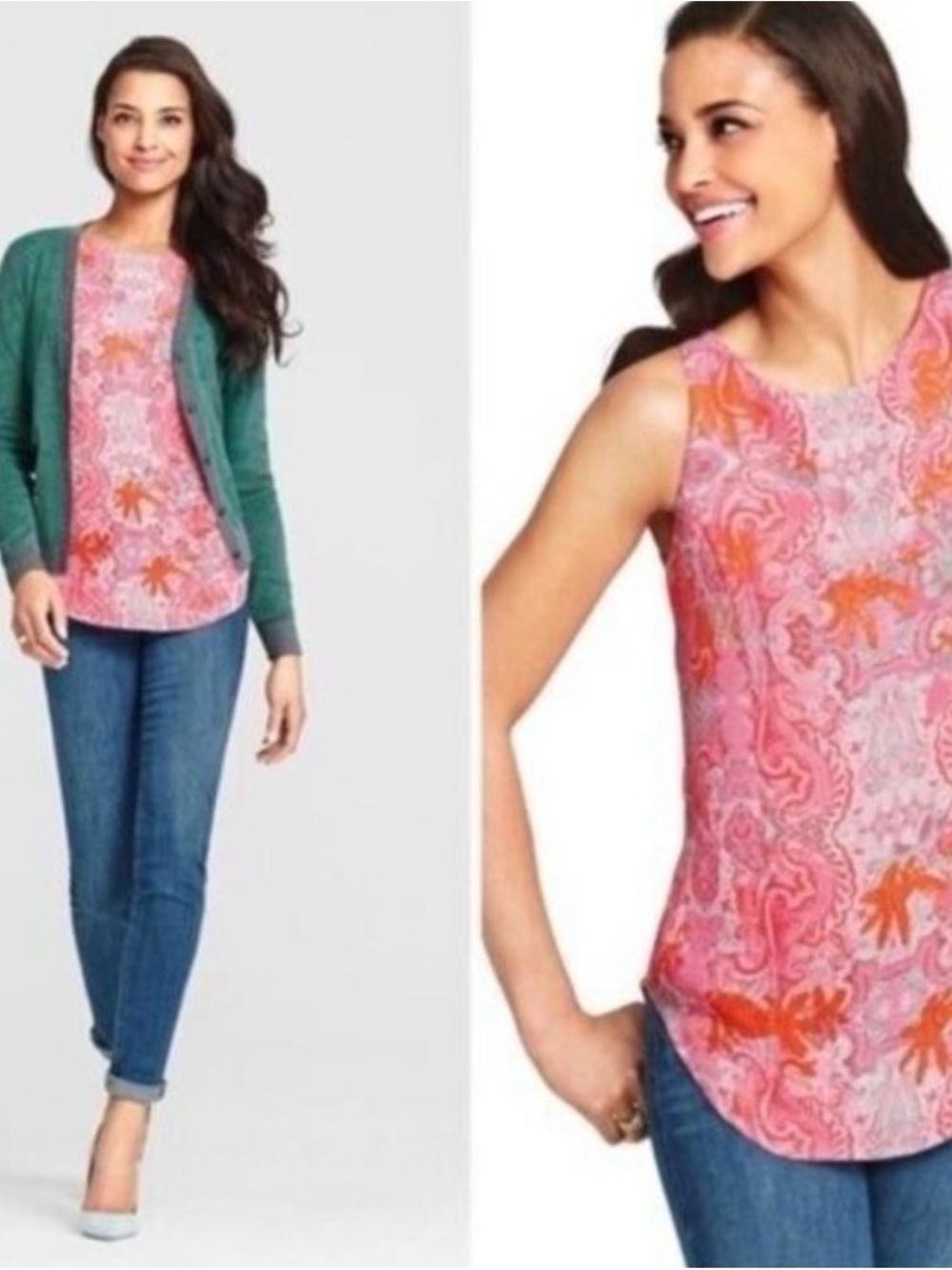CAbi #127 Jubilee Pink & Orange Paisley Sleeveless Shell Tunic Sz L